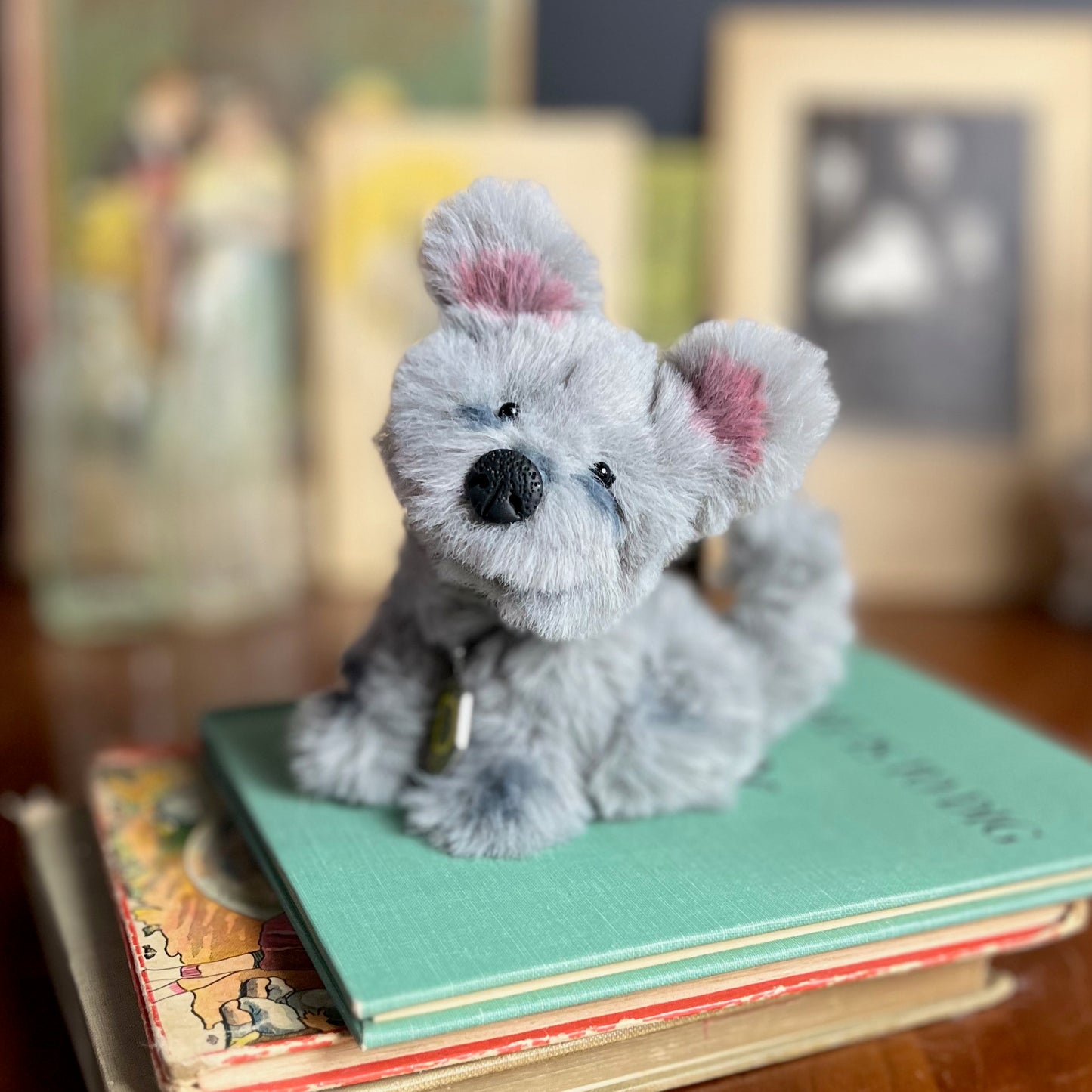 Gray and Brown terrier Fluffy Puppy, poseable, posable dog, doll house pet, doll pet, handmade plush, cute puppy plushie