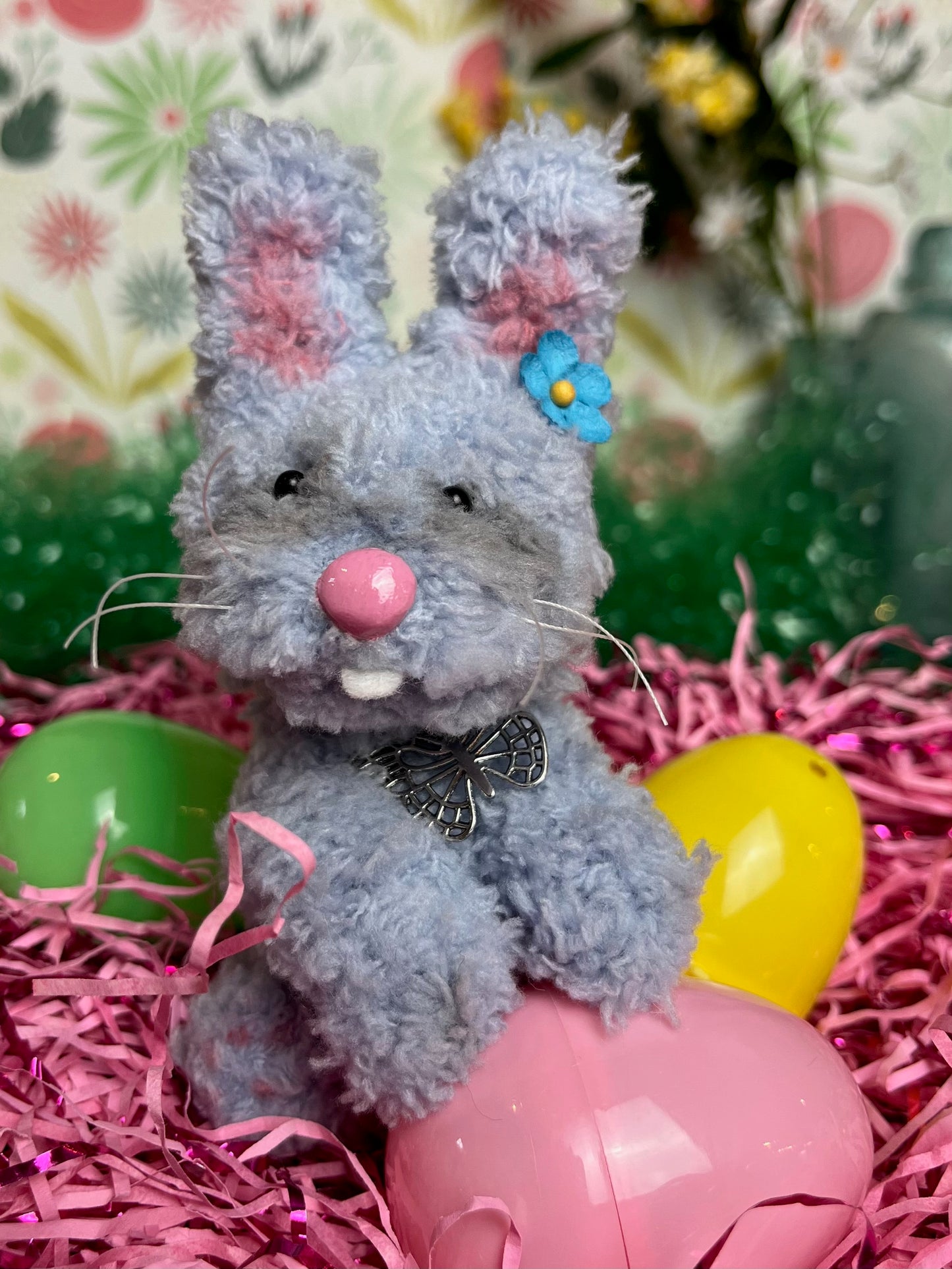 Posable gray easter bunny plush, bunny miniature, wire sculpture, pipe cleaner bunny, gray bunny rabbit art doll