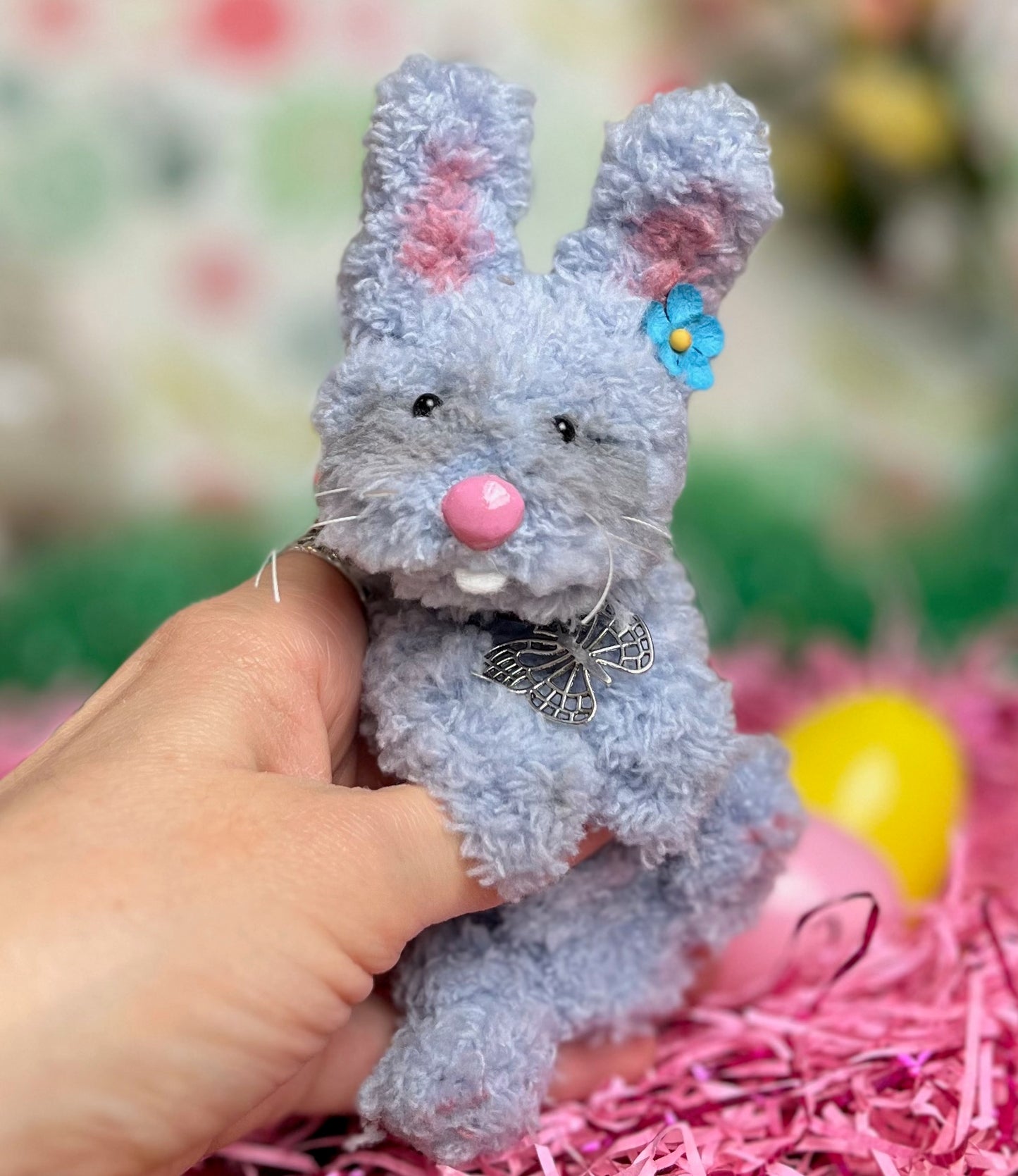 Posable gray easter bunny plush, bunny miniature, wire sculpture, pipe cleaner bunny, gray bunny rabbit art doll