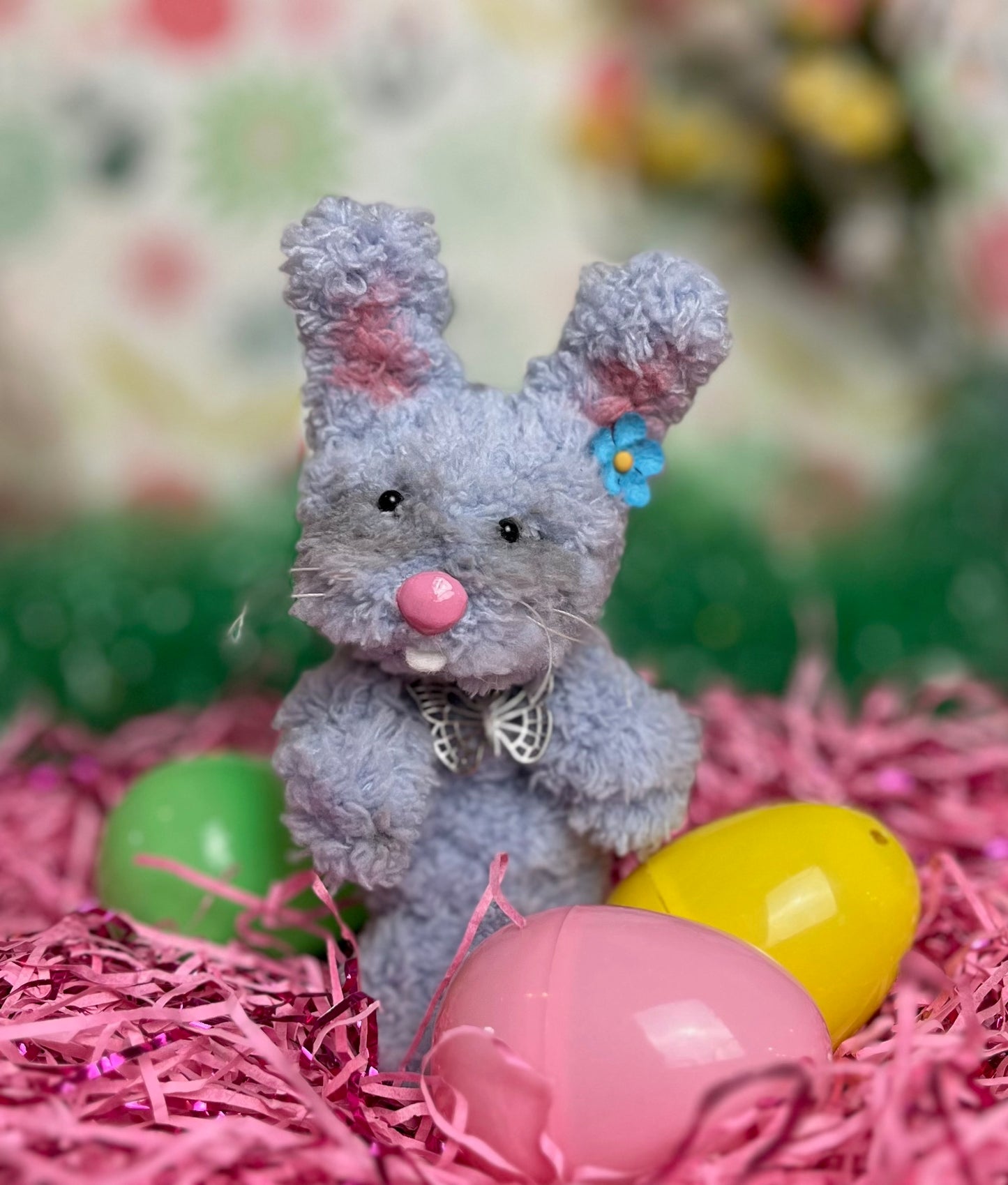 Posable gray easter bunny plush, bunny miniature, wire sculpture, pipe cleaner bunny, gray bunny rabbit art doll