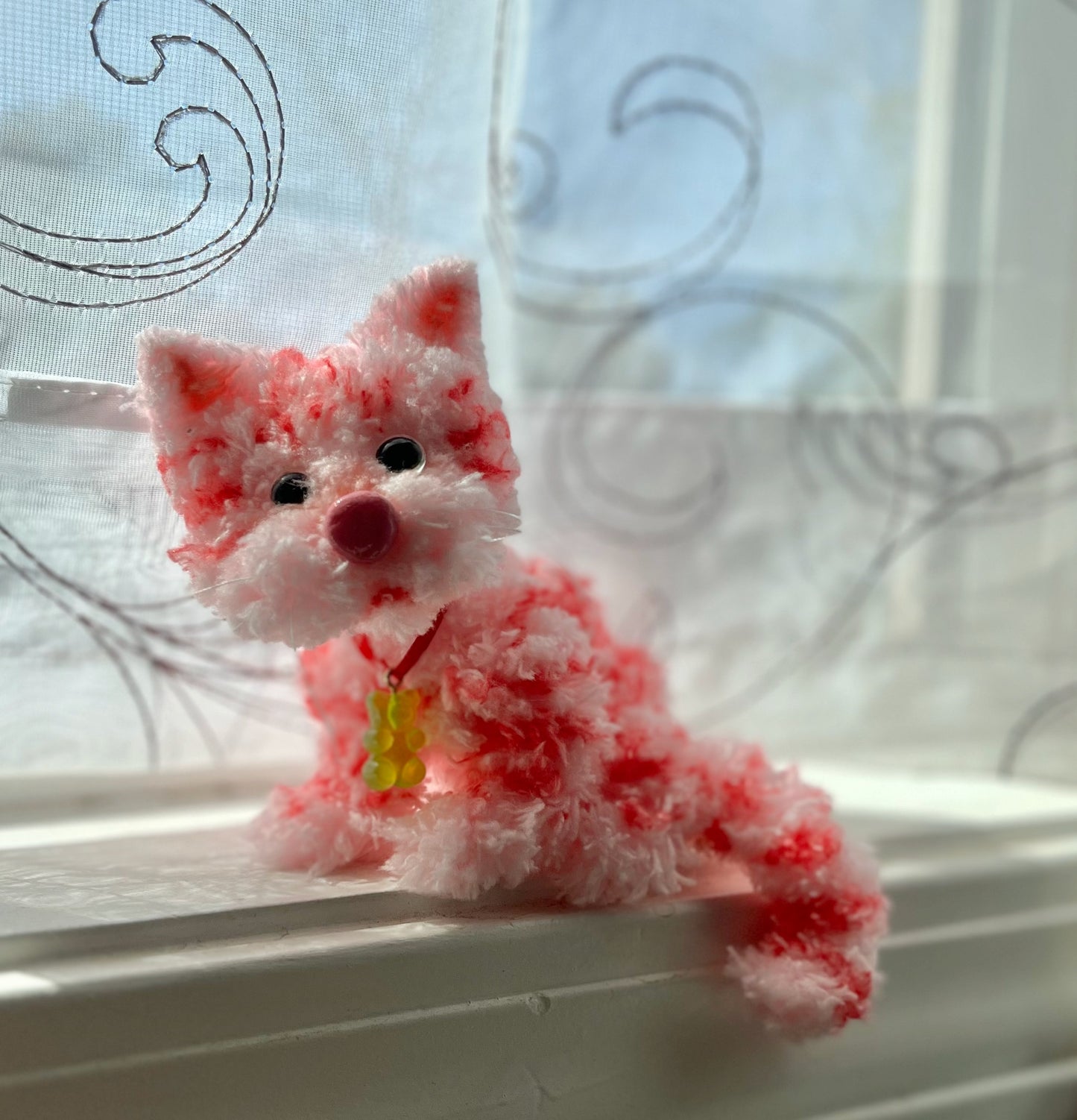 Bright pink kitten plushie, pink kitty doll, posable cat miniature, cute cat figurine