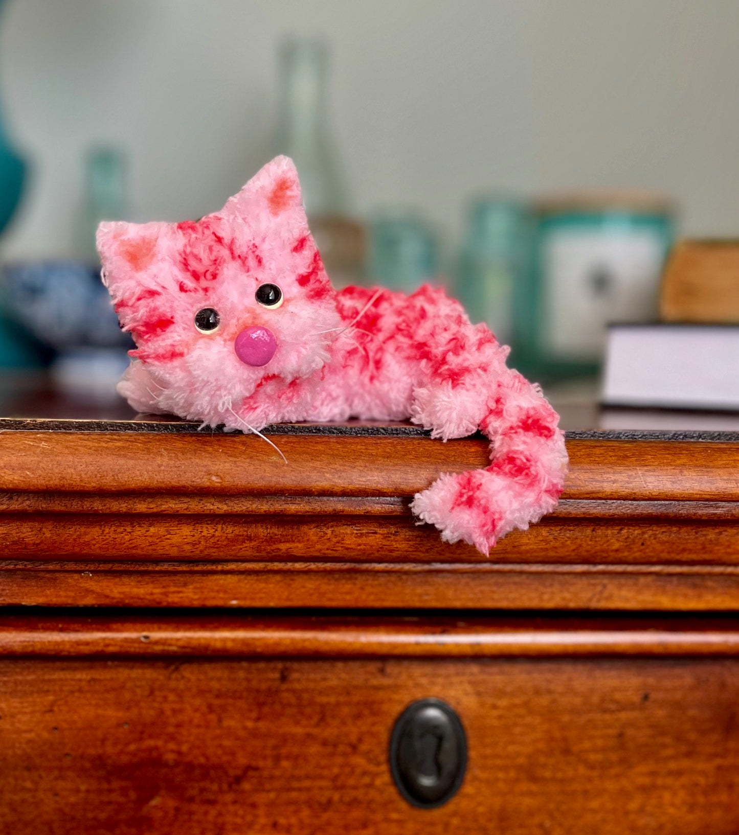 Bright pink kitten plushie, pink kitty doll, posable cat miniature, cute cat figurine