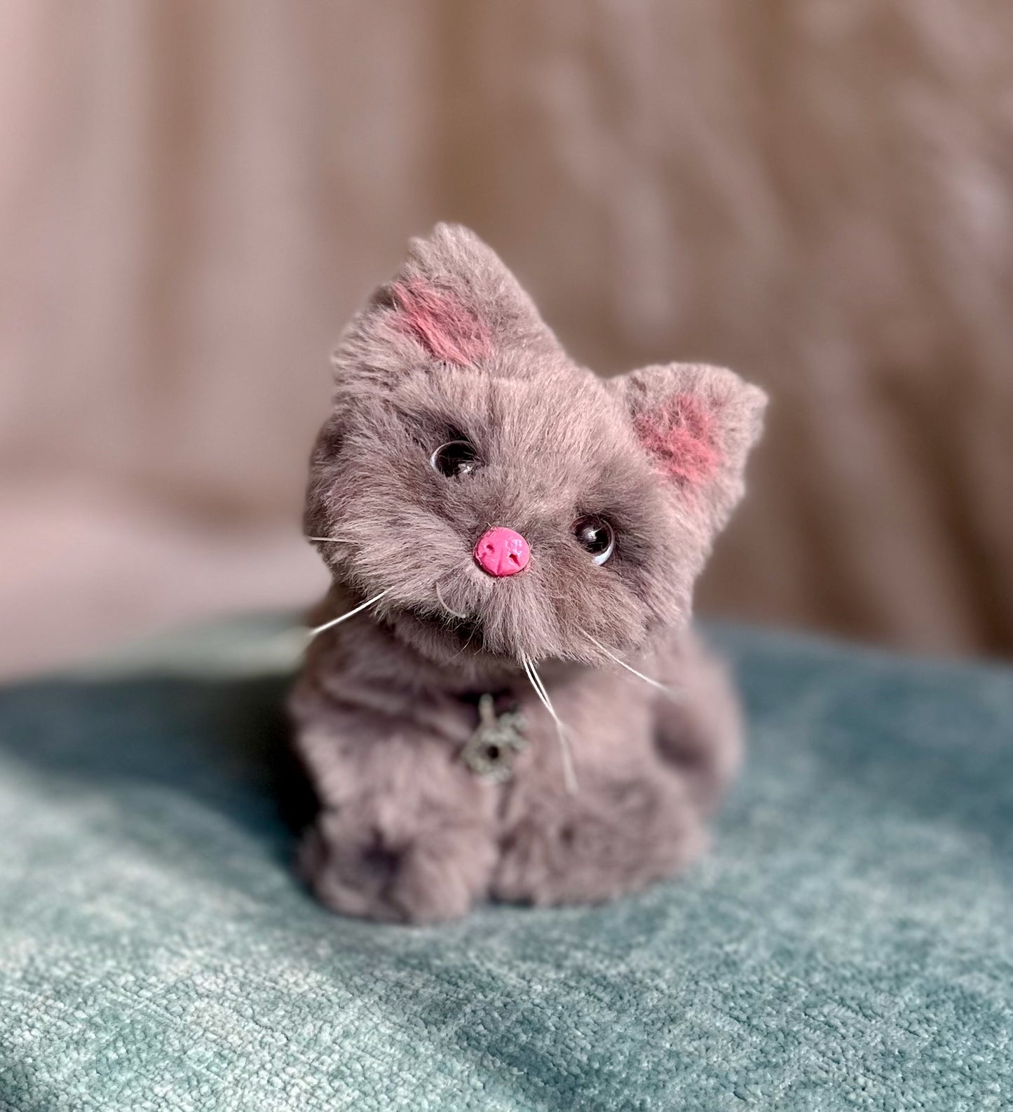 Fluffy gray kitten, fluffy cat figurine, posable kitten doll