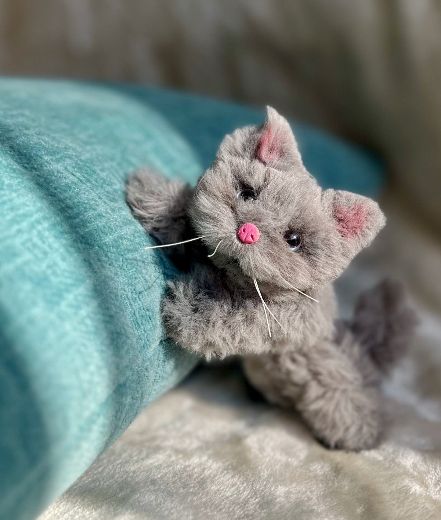 Fluffy gray kitten, fluffy cat figurine, posable kitten doll