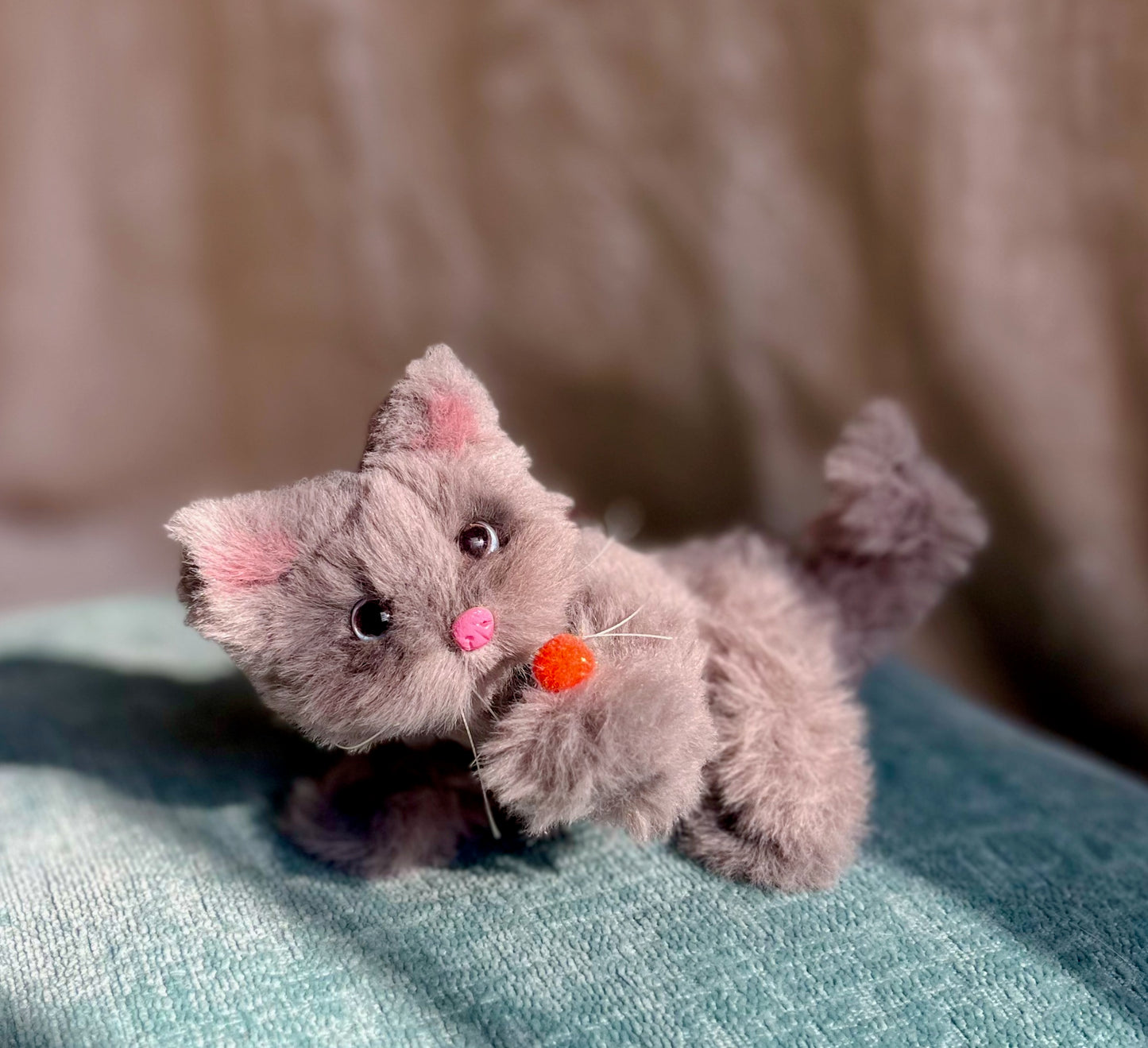 Fluffy gray kitten, fluffy cat figurine, posable kitten doll