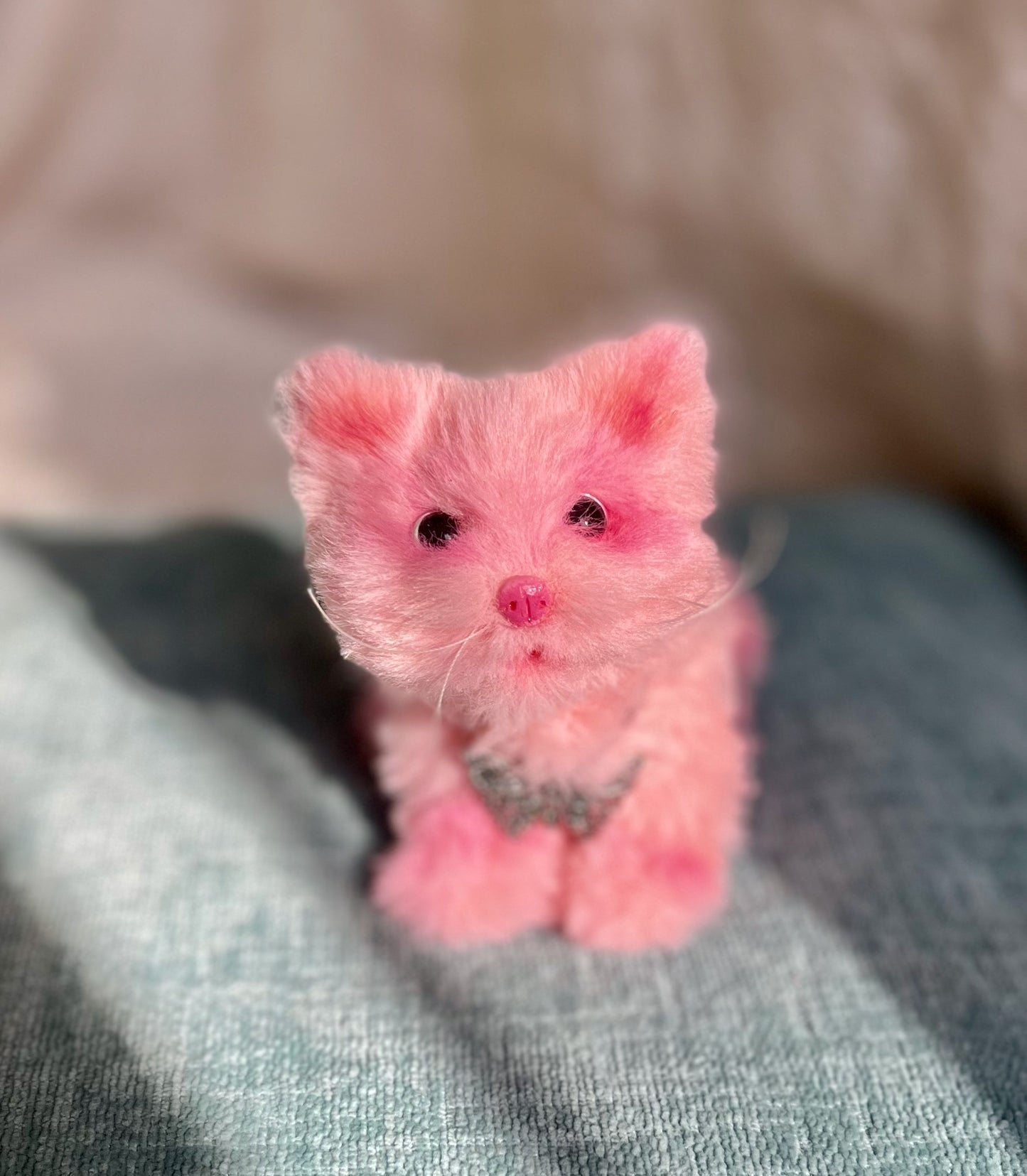 Posable pink kitten, tiny cat doll, kitten plushie, pipe cleaner cat, fluffy cat doll