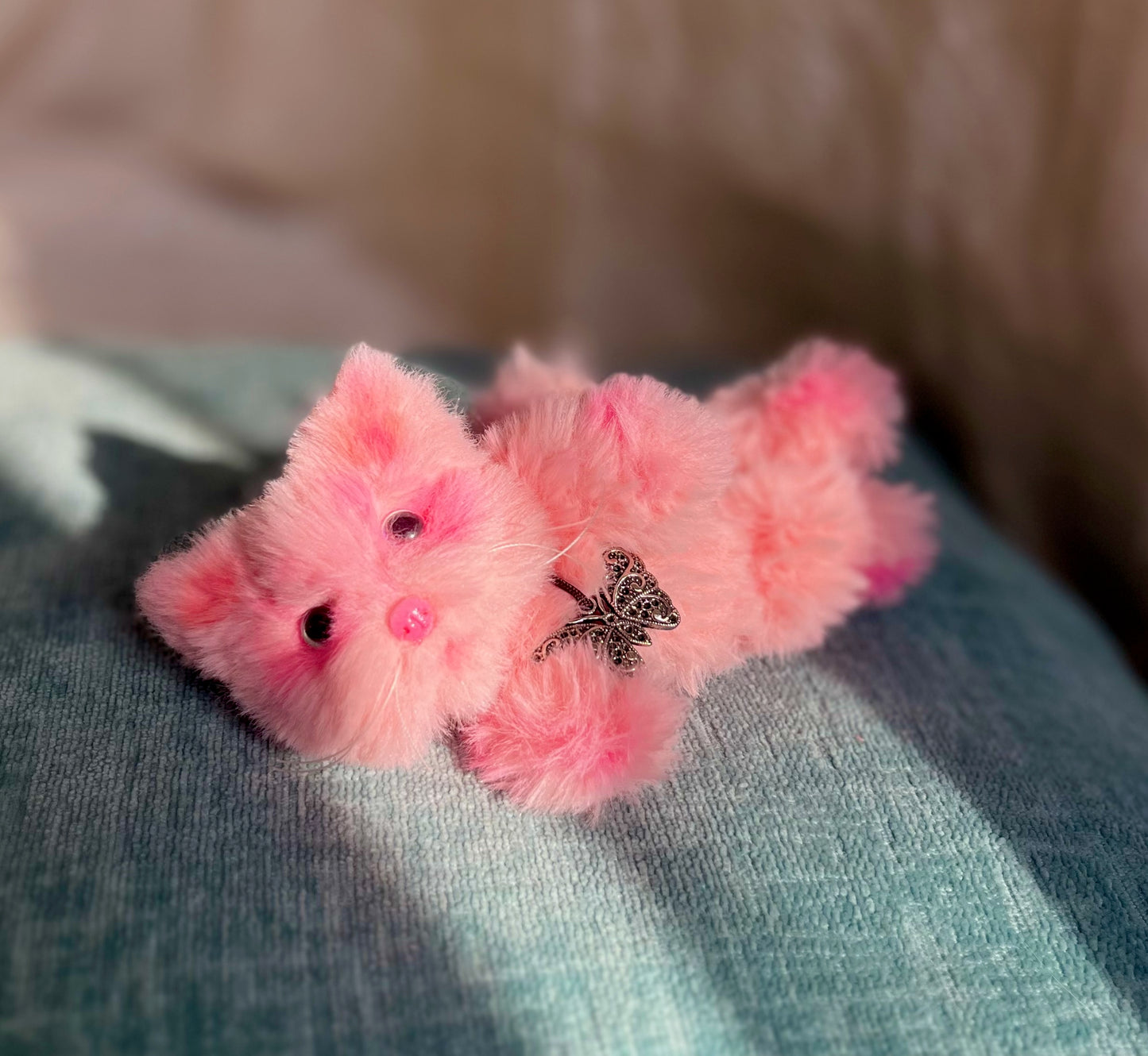Posable pink kitten, tiny cat doll, kitten plushie, pipe cleaner cat, fluffy cat doll