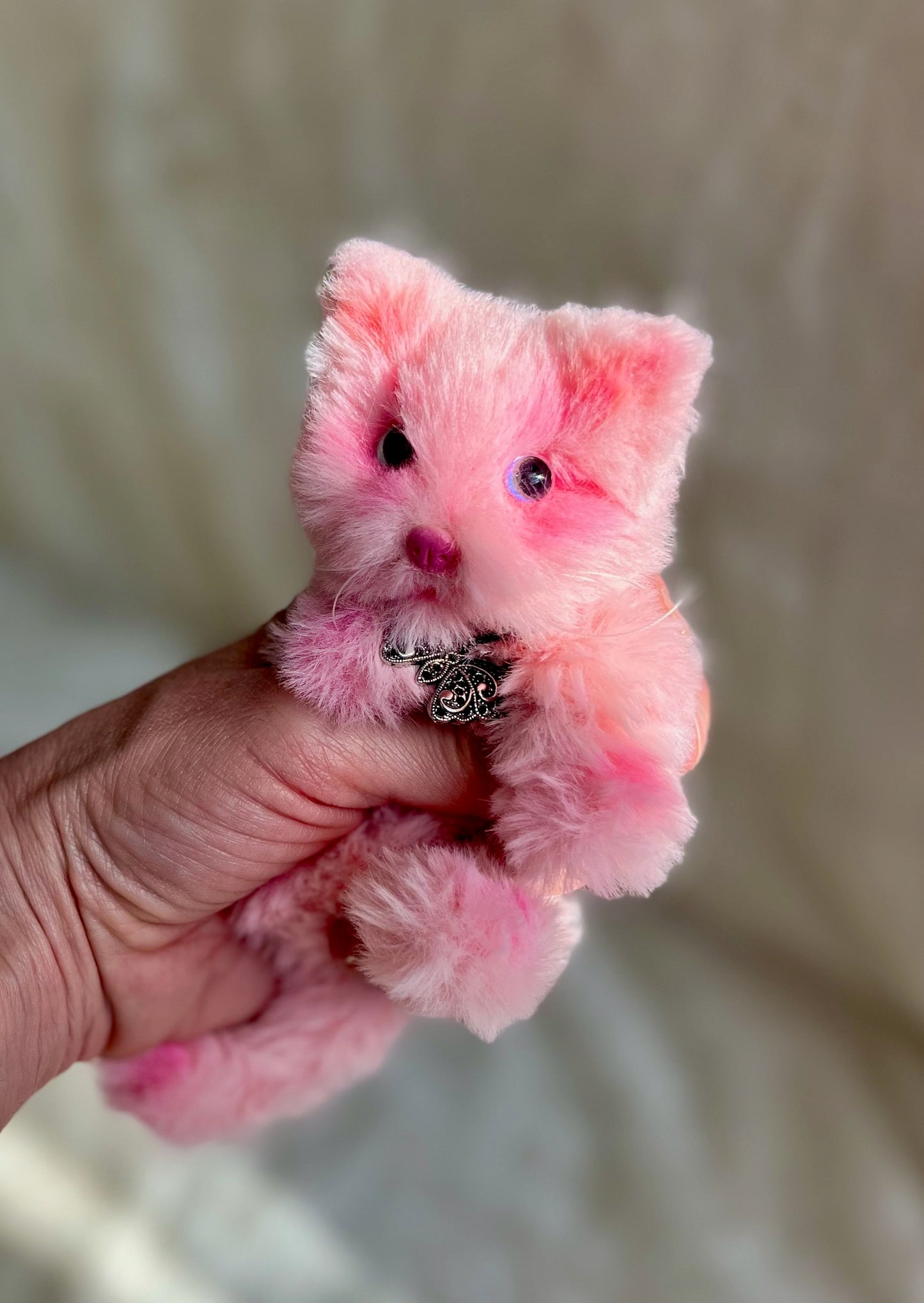 Posable pink kitten, tiny cat doll, kitten plushie, pipe cleaner cat, fluffy cat doll