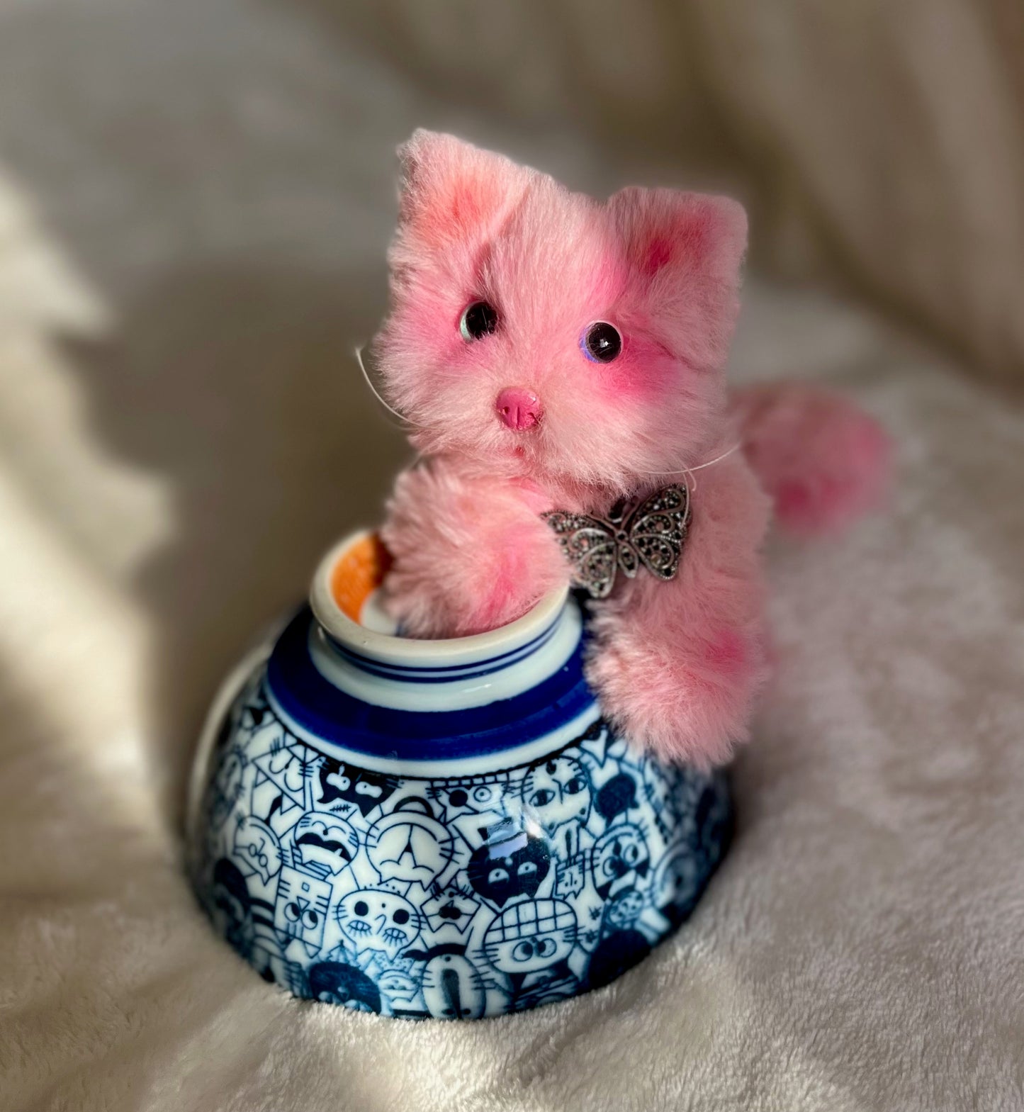 Posable pink kitten, tiny cat doll, kitten plushie, pipe cleaner cat, fluffy cat doll