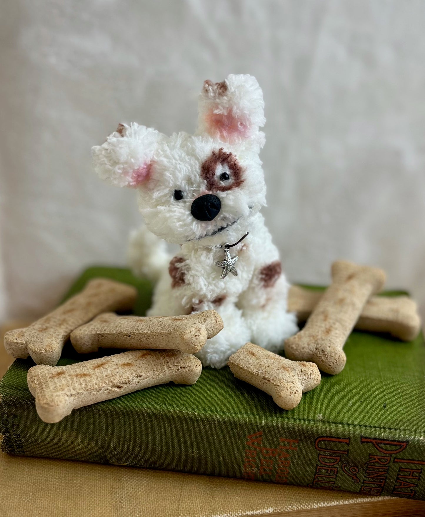 Miniature posable dog sitting on old books, dog bones, tiny dog doll, posable miniature, doll pet