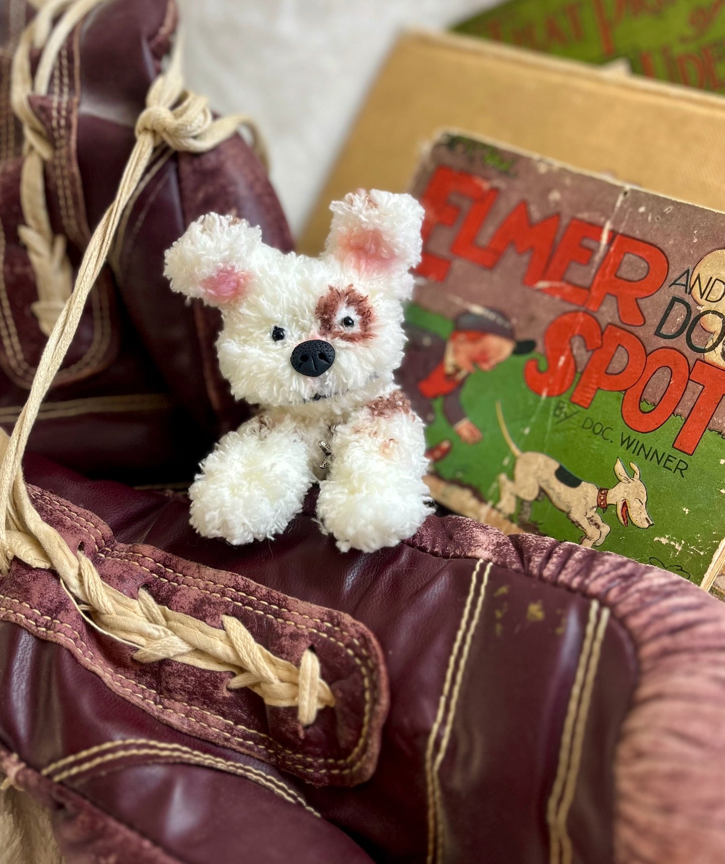 Miniature posable dog sitting with boxing gloves, tiny dog doll, posable miniature, doll pet