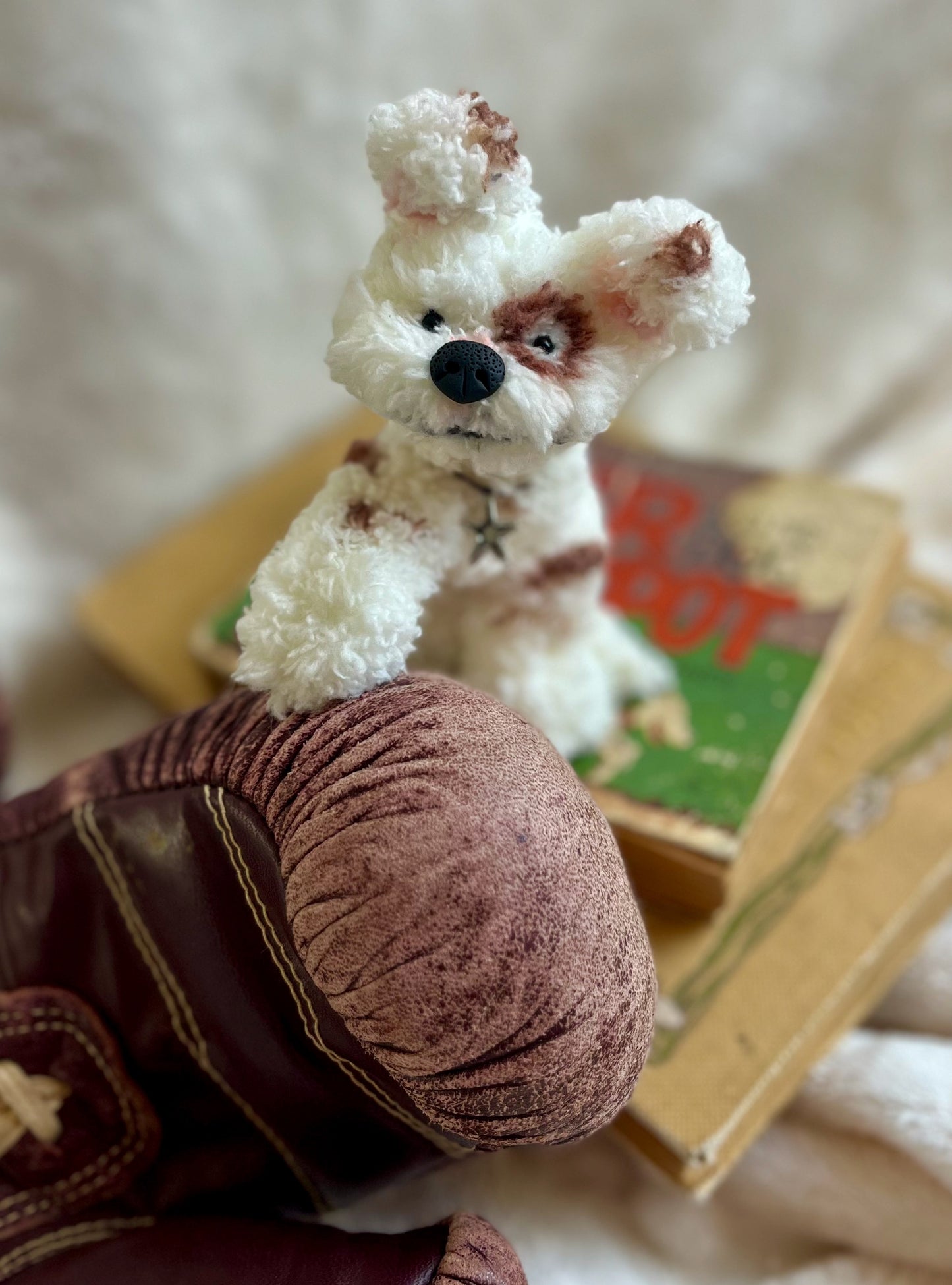 Miniature posable dog sitting with boxing gloves, tiny dog doll, posable miniature, doll pet