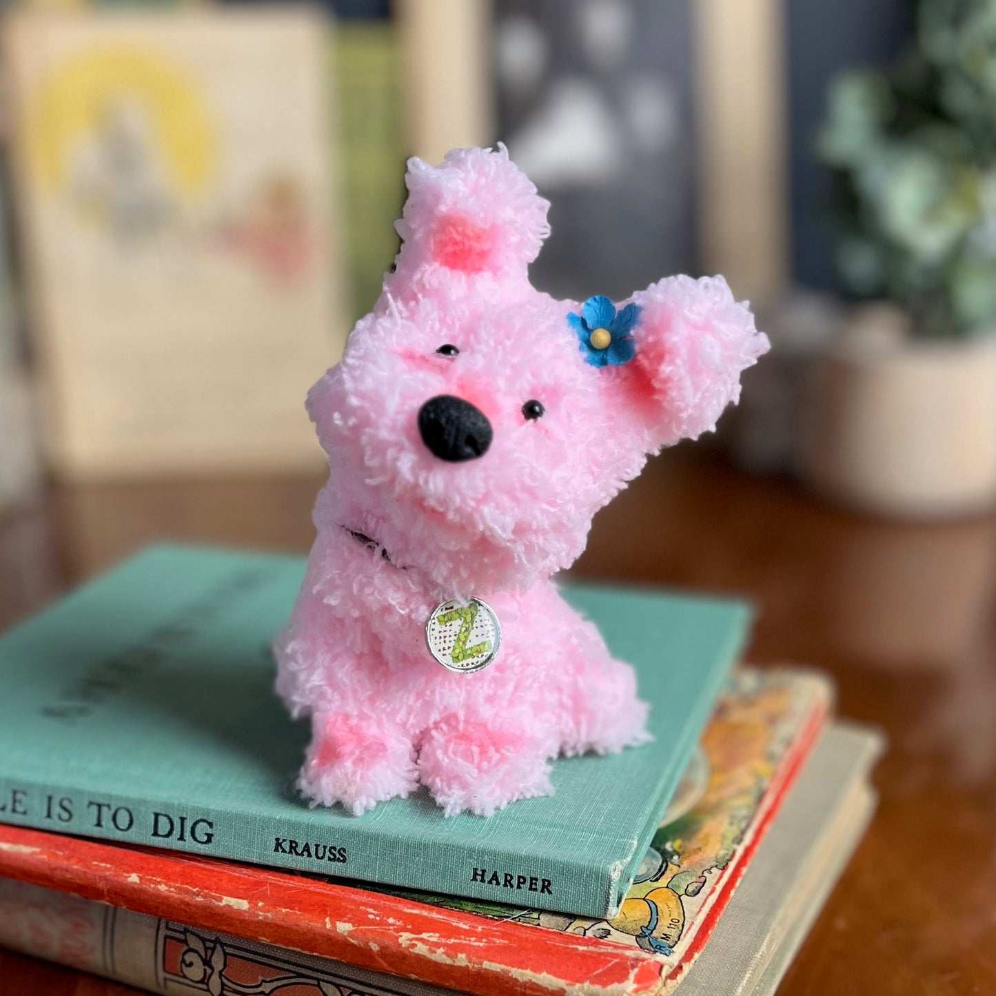 Pink Fluffy Puppy, poseable, posable dog, doll house pet, doll pet, handmade plush, cute puppy plushie