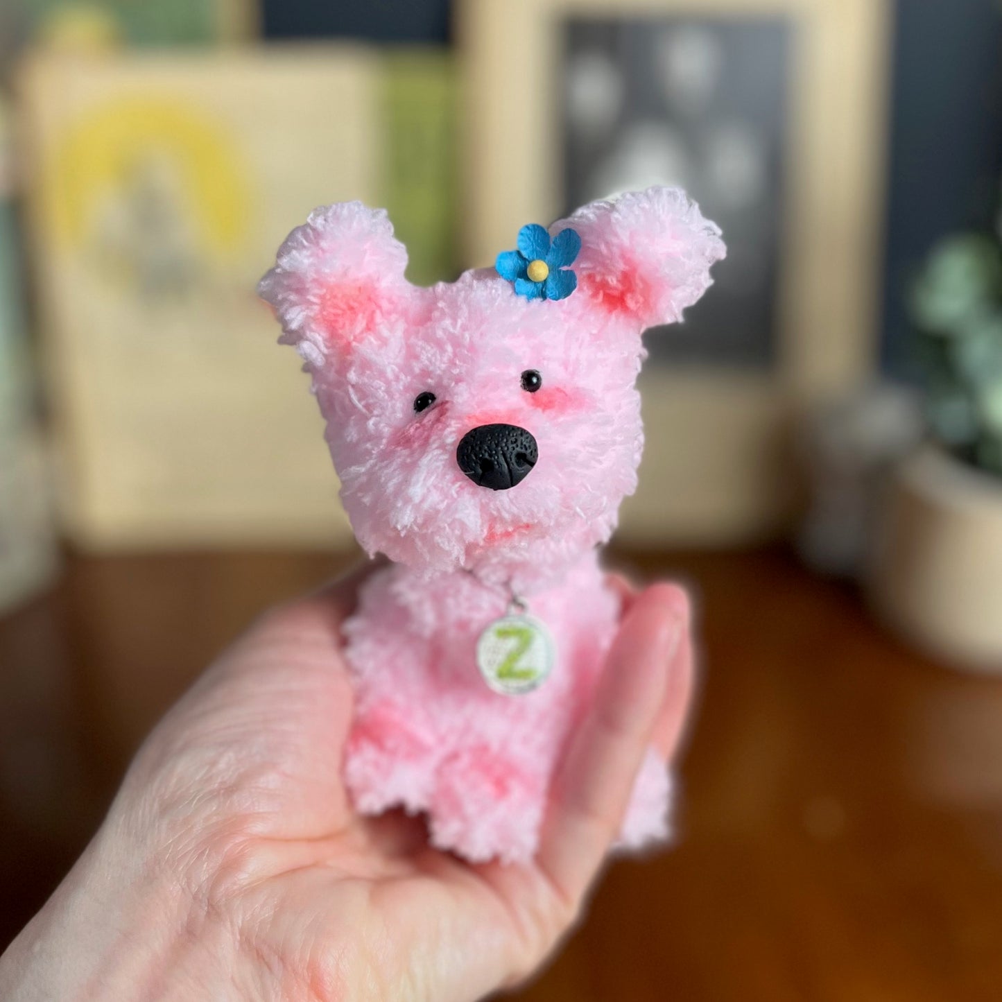 Pink Fluffy Puppy, poseable, posable dog, doll house pet, doll pet, handmade plush, cute puppy plushie