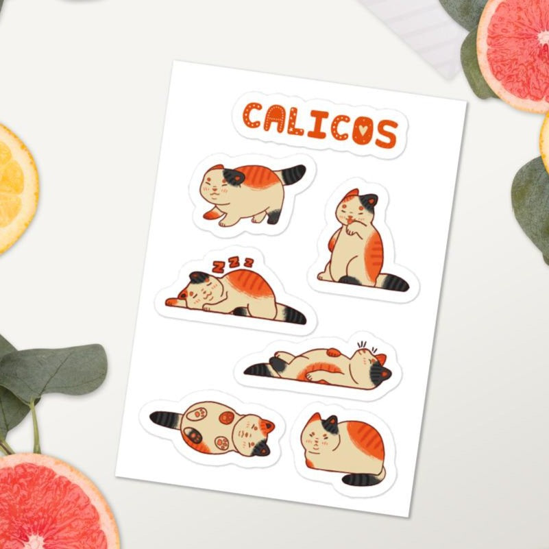 Calico cat sticker sheet, 6 calico stickers