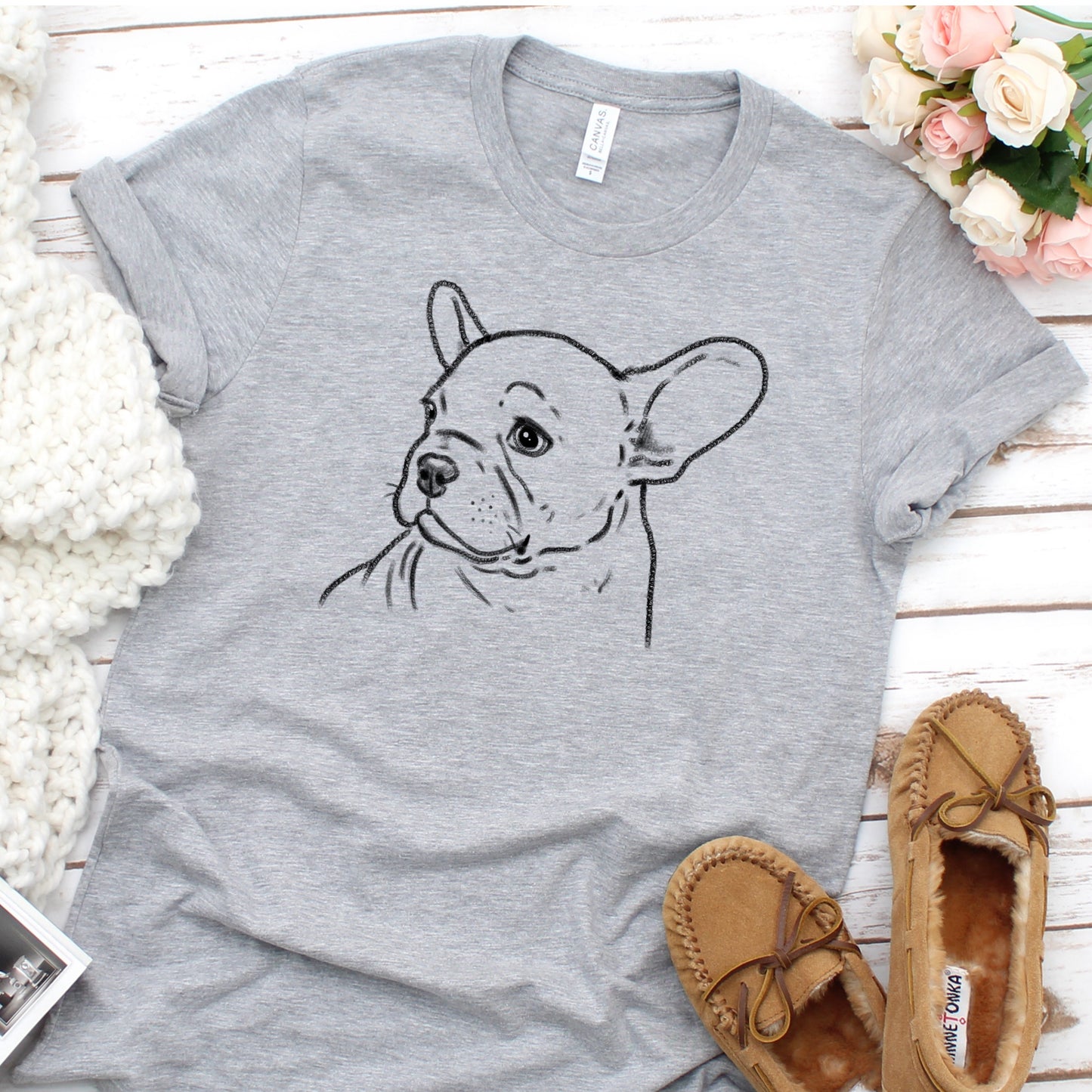 French Bulldog sketch t-shirt, Frenchie t-shirt. Gray shirt