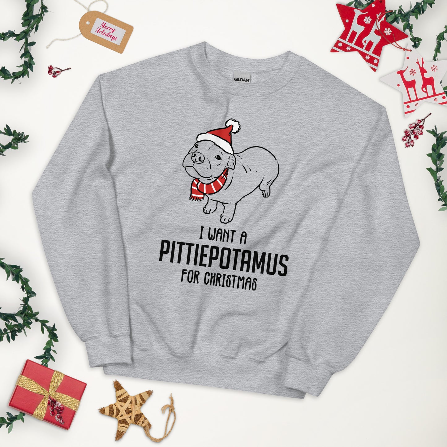 I Want a Pittiepotamus for Christmas sweatshirt, Funny Xmas Pitbull sweatshirt, gray sweatshirt