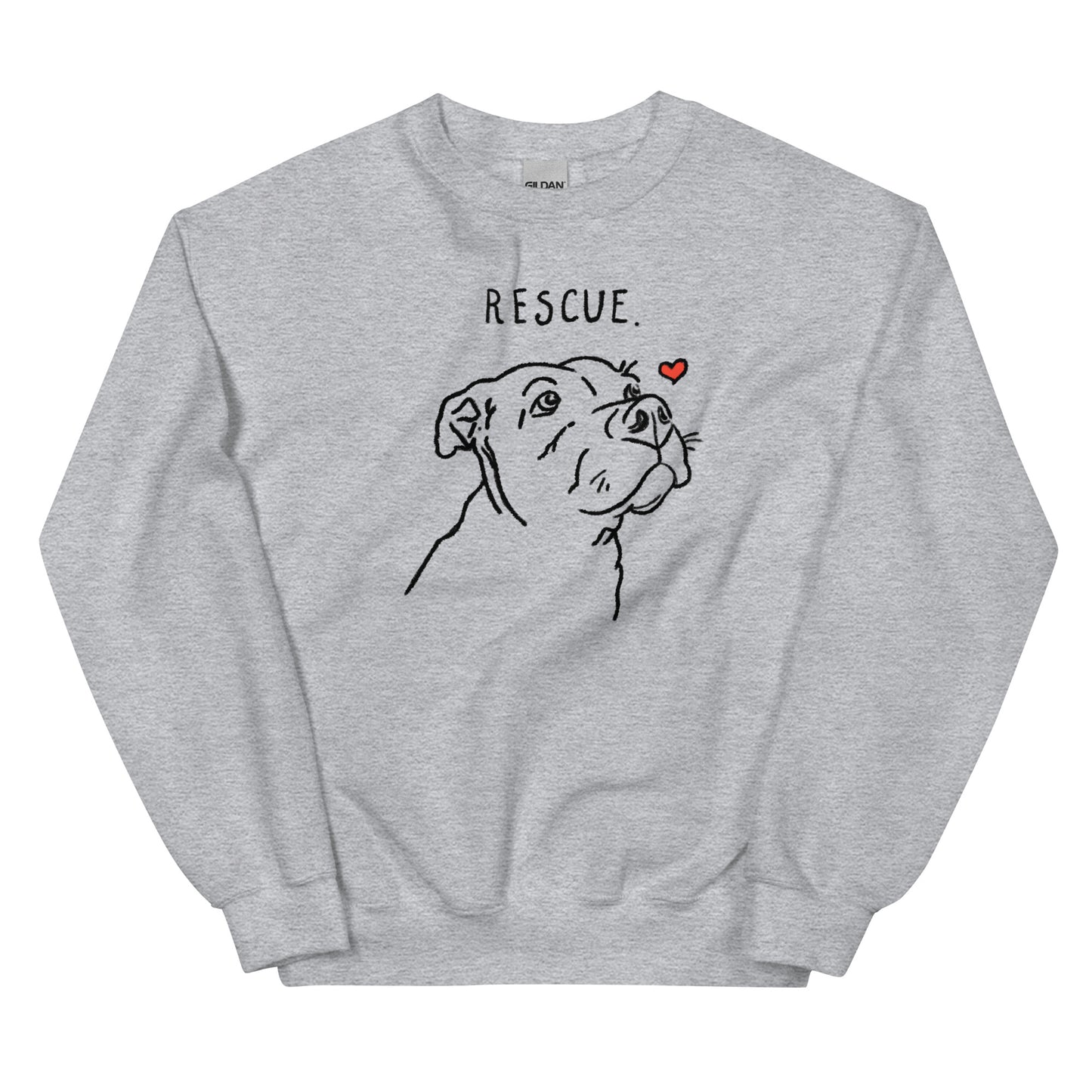 Rescue Love Pitbull original design, Pitbull drawing, sweet Pittie, rescue pittie sweatshirt. Gray sweastshirt.