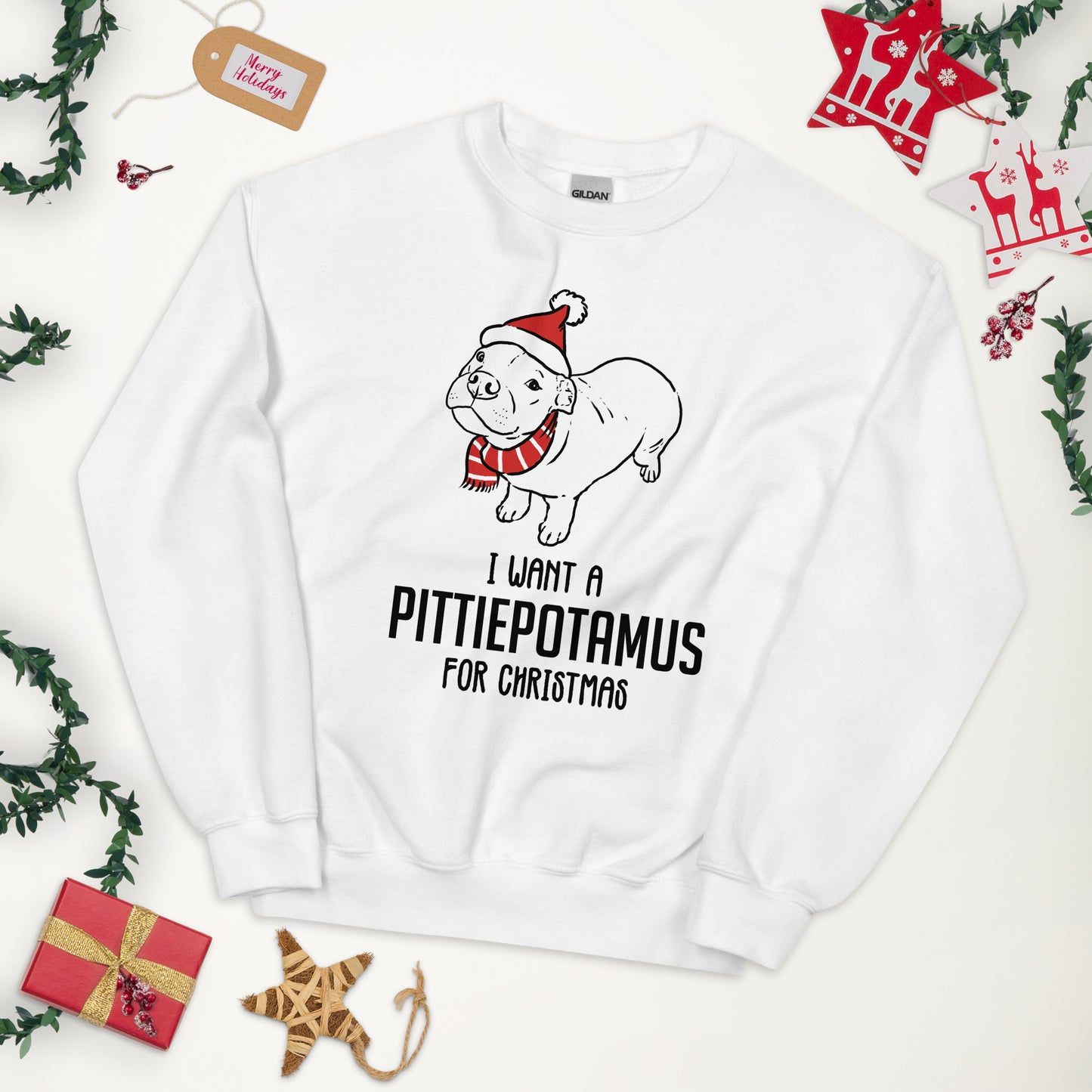I Want a Pittiepotamus for Christmas sweatshirt, Funny Xmas Pitbull sweatshirt, white sweatshirt