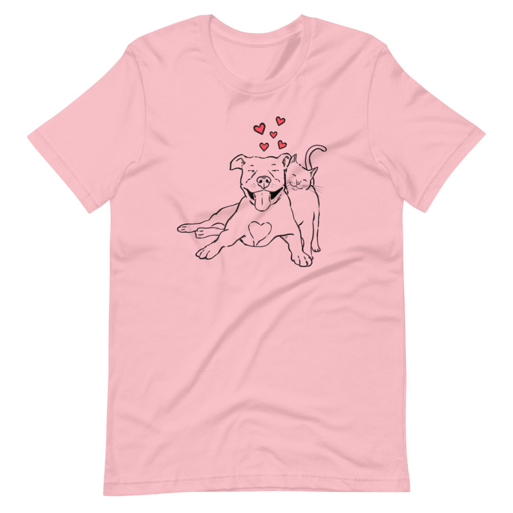 Pitties and kitties t-shirt, pitbulls and cats shirt, cute dog and cat t-shirt, pet lover shirt, pink shirt