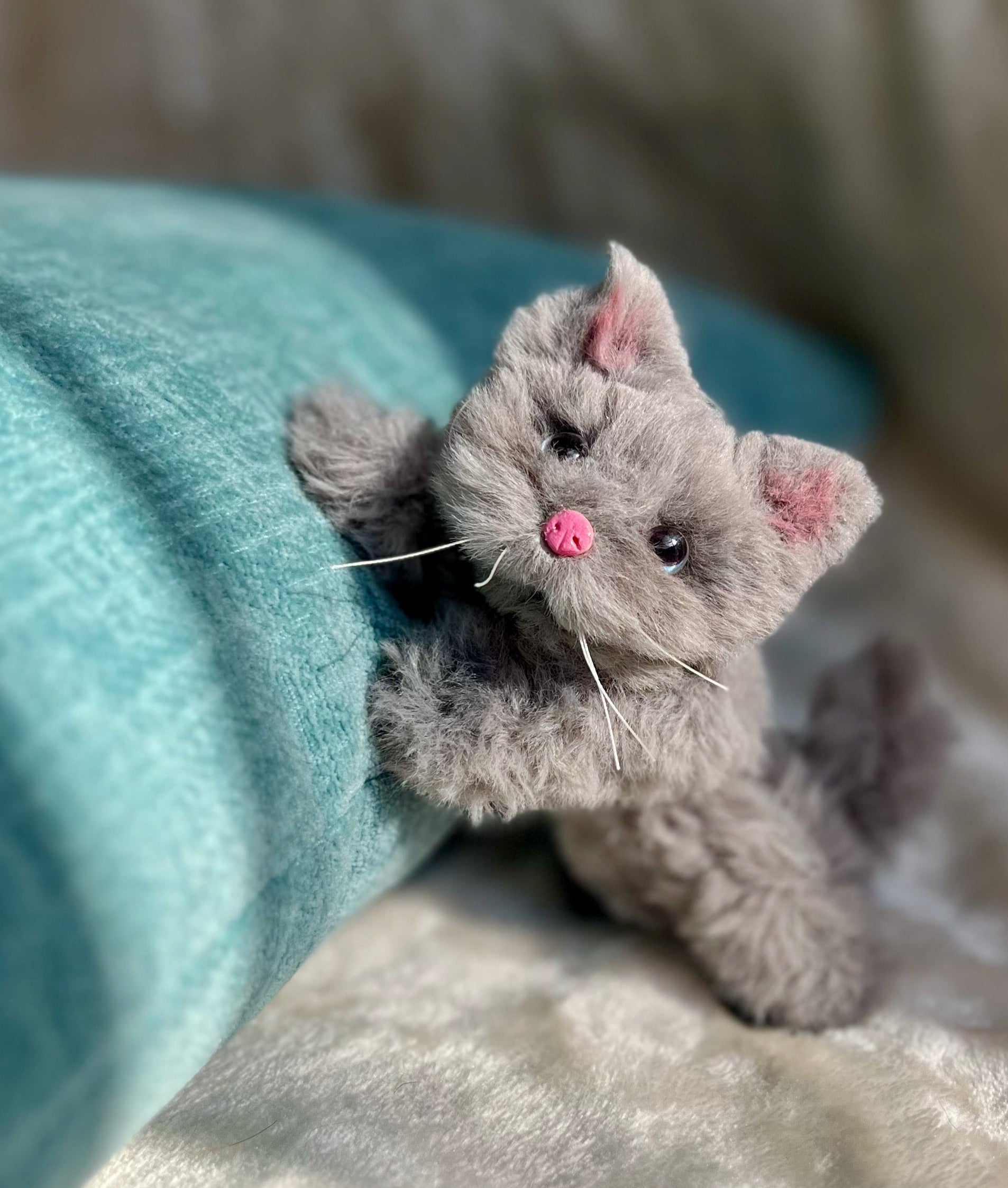 Fluffy gray kitten, fluffy cat figurine, posable kitten doll