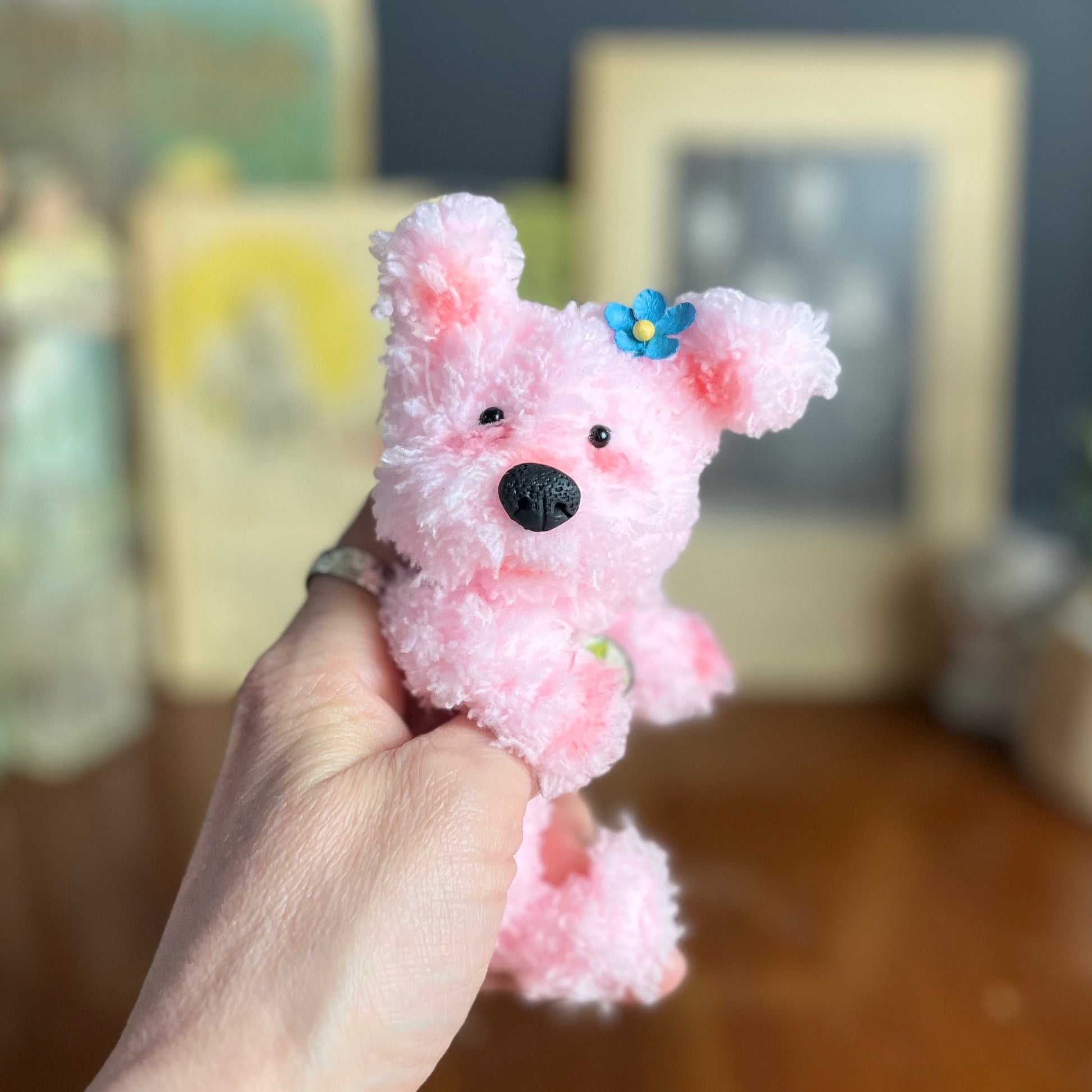 Pink Fluffy Puppy, poseable, posable dog, doll house pet, doll pet, handmade plush,  cute puppy plushie