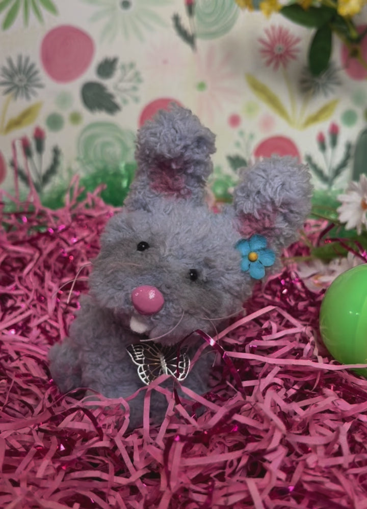 Posable gray easter bunny plush, bunny miniature, wire sculpture, pipe cleaner bunny, gray bunny rabbit art doll